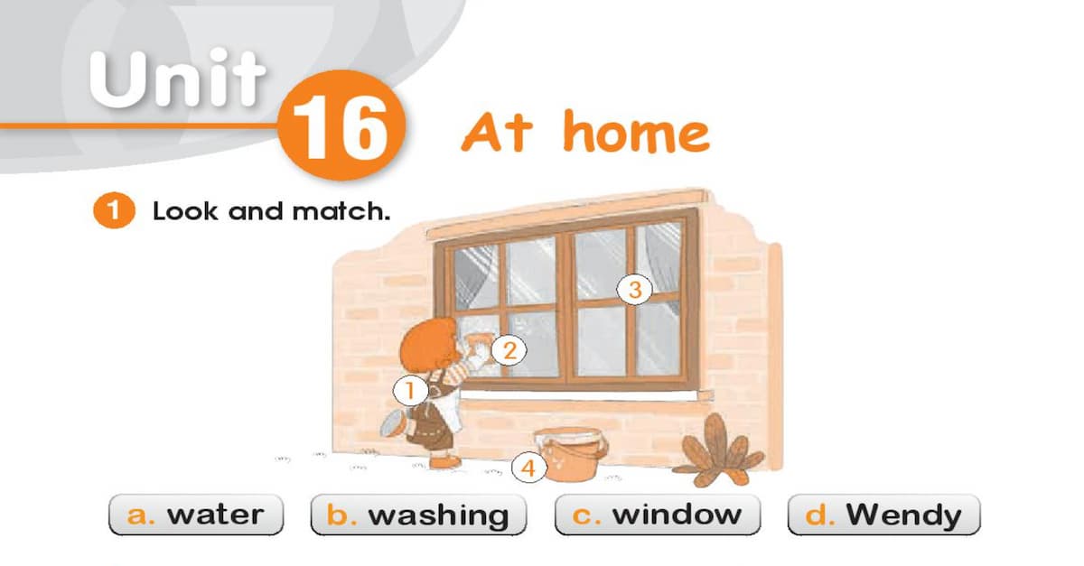 Tiếng anh lớp 1 Unit 16 at home: Từ vựng, ngữ pháp, Phonics, bài tập